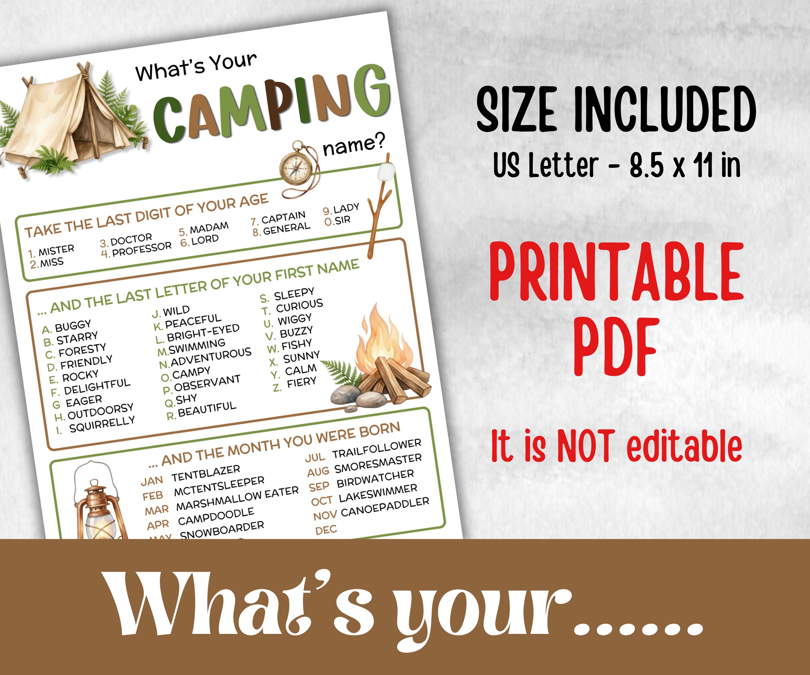 Whats your Camping name, fire pit activity, Printable Name board, campground name tag, summer bbq, camping roadtrip, name generator, tent