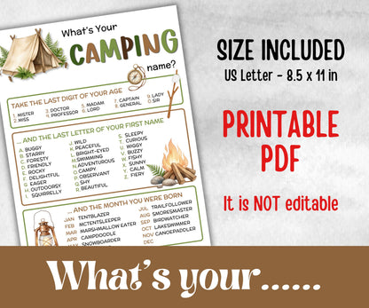 Whats your Camping name, fire pit activity, Printable Name board, campground name tag, summer bbq, camping roadtrip, name generator, tent