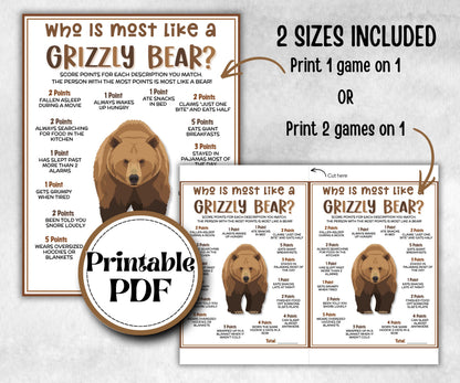 Who is most like a grizzly bear, fire pit activity, Printable group party, campground, hiking trail, overnight camper, camping roadtrip mad