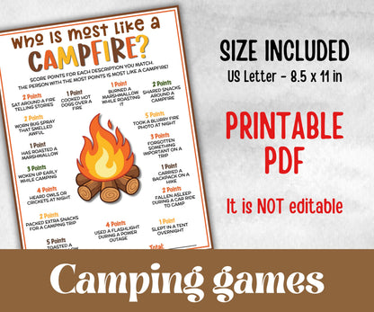 Who is most like Campfire, fire pit activity, Printable group party, campground, hiking trail, overnight camper, camping roadtrip, bonfire