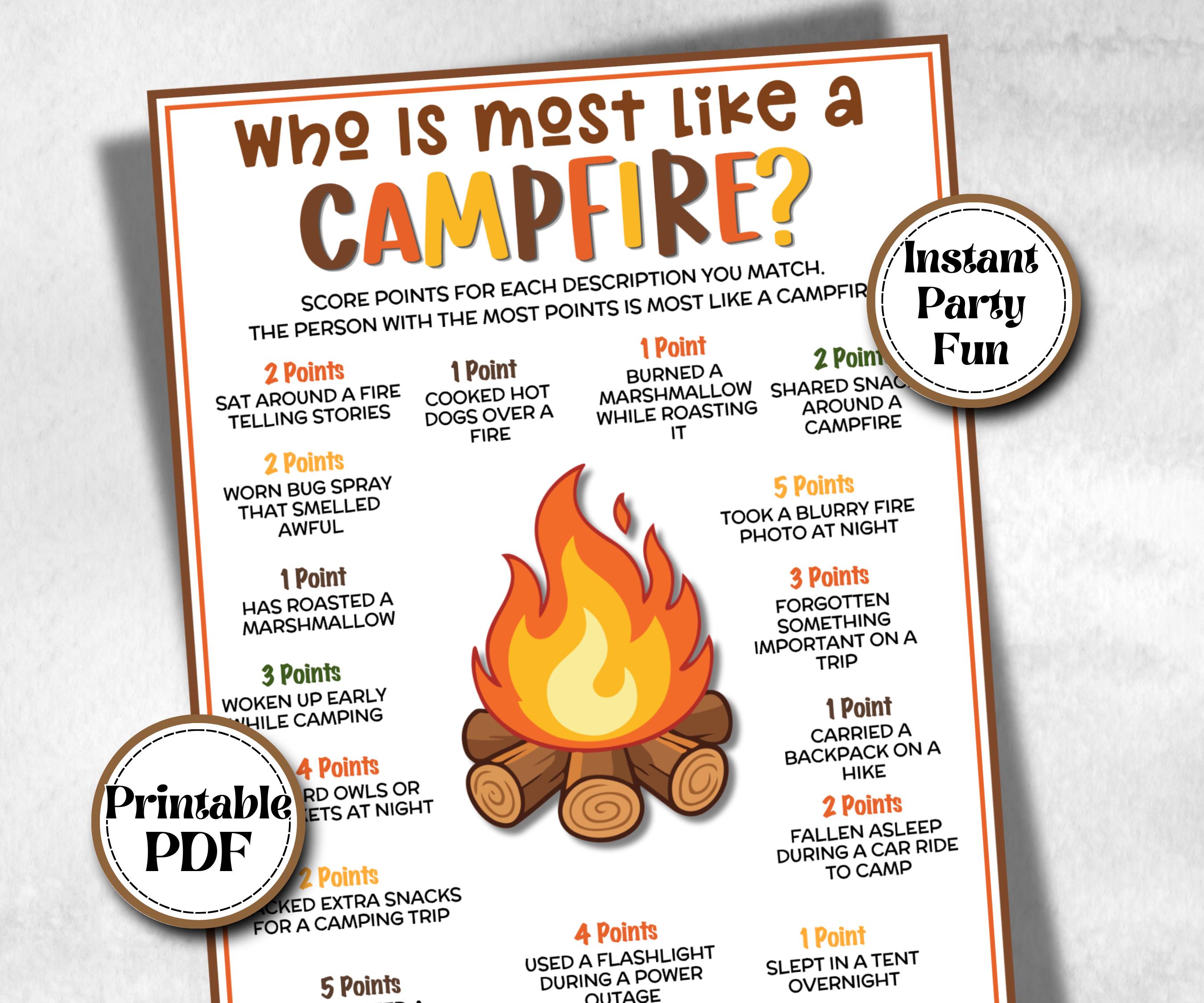 Who is most like Campfire, fire pit activity, Printable group party, campground, hiking trail, overnight camper, camping roadtrip, bonfire