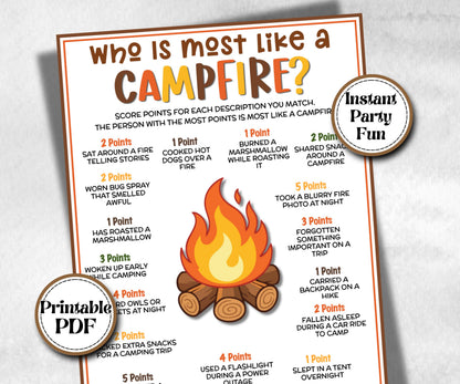 Who is most like Campfire, fire pit activity, Printable group party, campground, hiking trail, overnight camper, camping roadtrip, bonfire