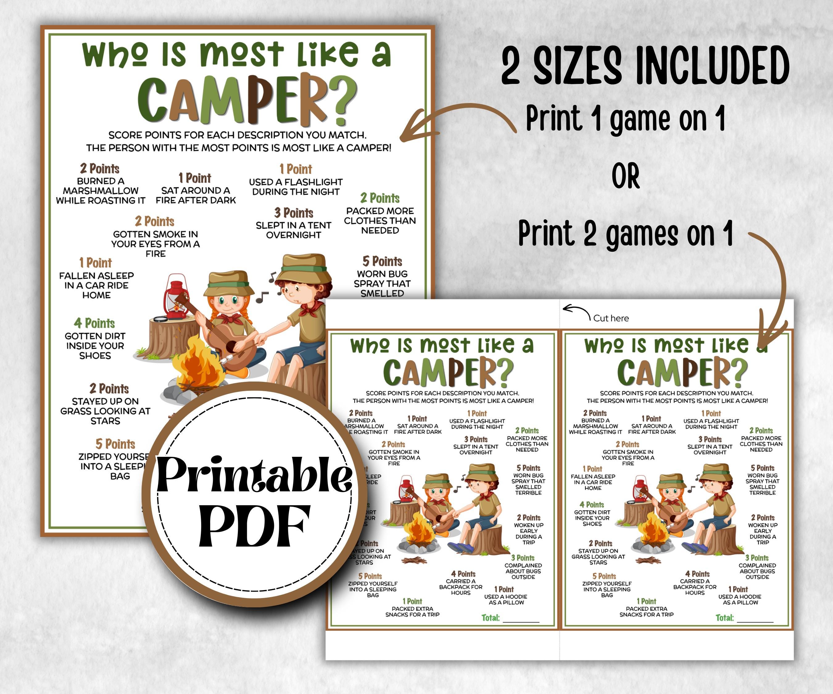 Who is most like a Camper, fire pit activity, Printable group party, campground, One happy camper, overnight camper, camping roadtrip mad