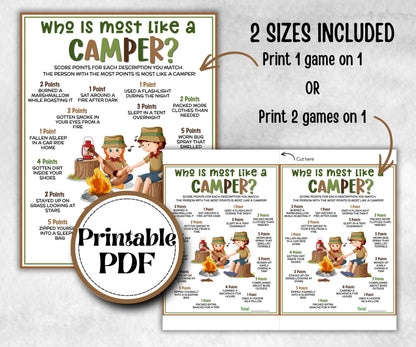 Who is most like a Camper, fire pit activity, Printable group party, campground, One happy camper, overnight camper, camping roadtrip mad