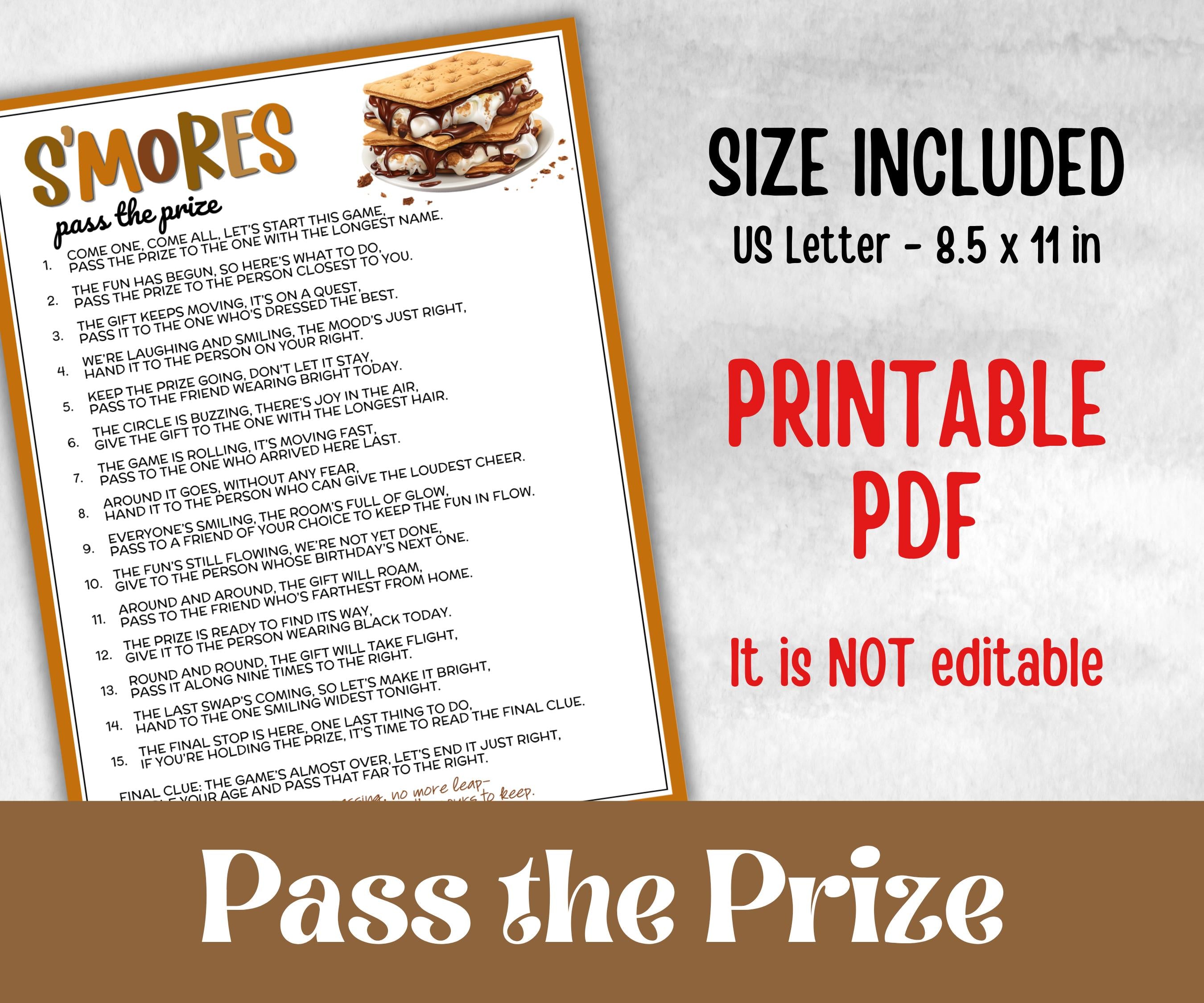 S'mores Pass the Prize, printable Gift Exchange, gift passing poem, rhyme pass the gift, pass the present, pass the parcel, Smore left right