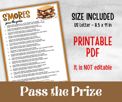 S'mores Pass the Prize, printable Gift Exchange, gift passing poem, rhyme pass the gift, pass the present, pass the parcel, Smore left right