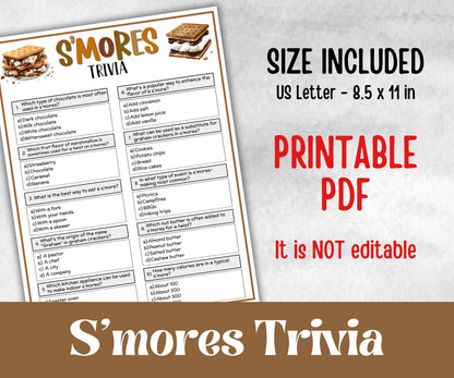 Printable S'mores Trivia, Kids Classroom, Group party, campground, overnight camper, smore favor bag, church hiking travel, family reunion
