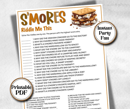S'mores riddles, Kids Classroom, Printable group party, campground, overnight camper, smore favor bag, church smores jokes, family reunion