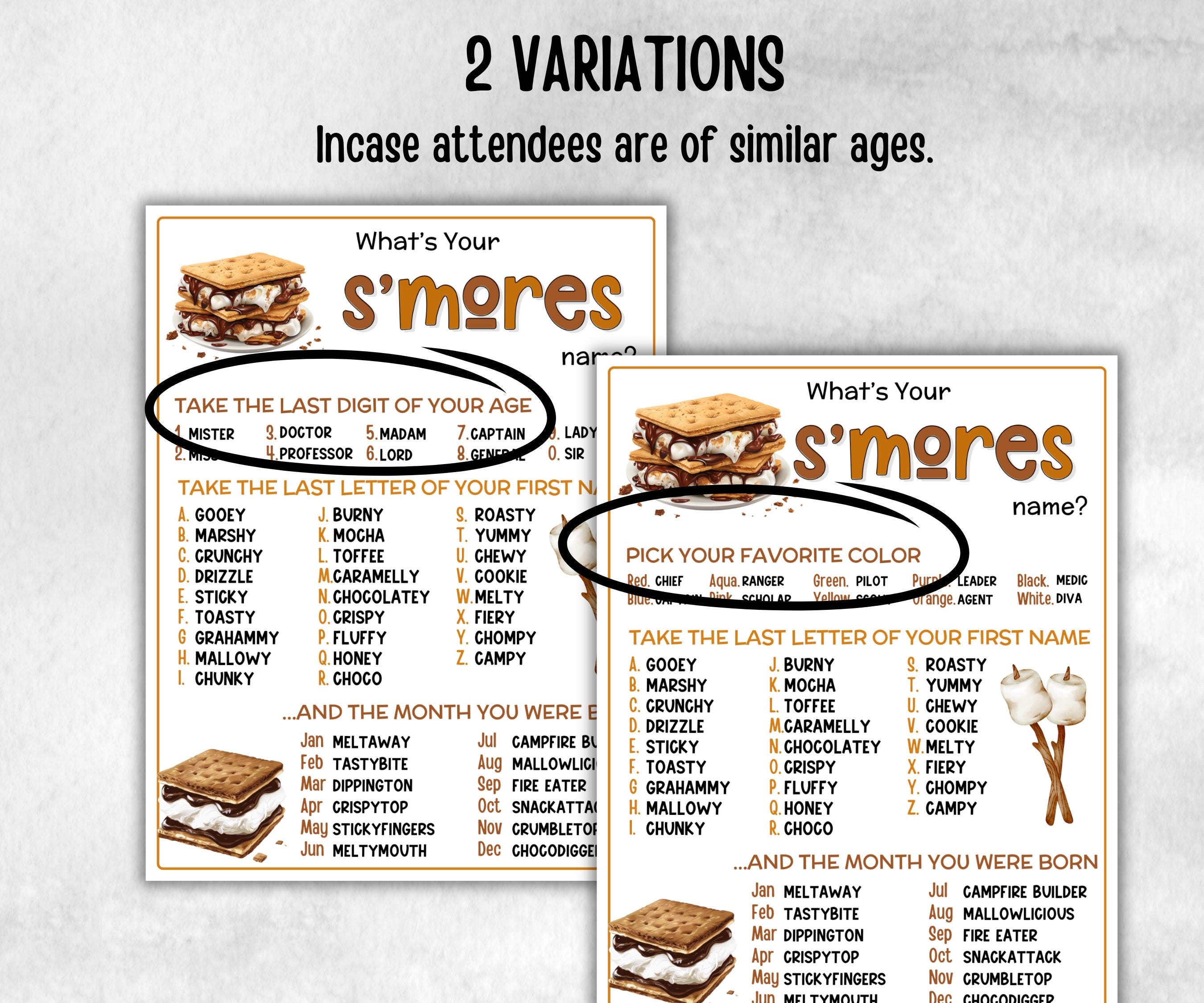 What's your S'more name, Classroom name generator, Printable group party, campground name tag, overnight camper, smore favor bag, nameboard