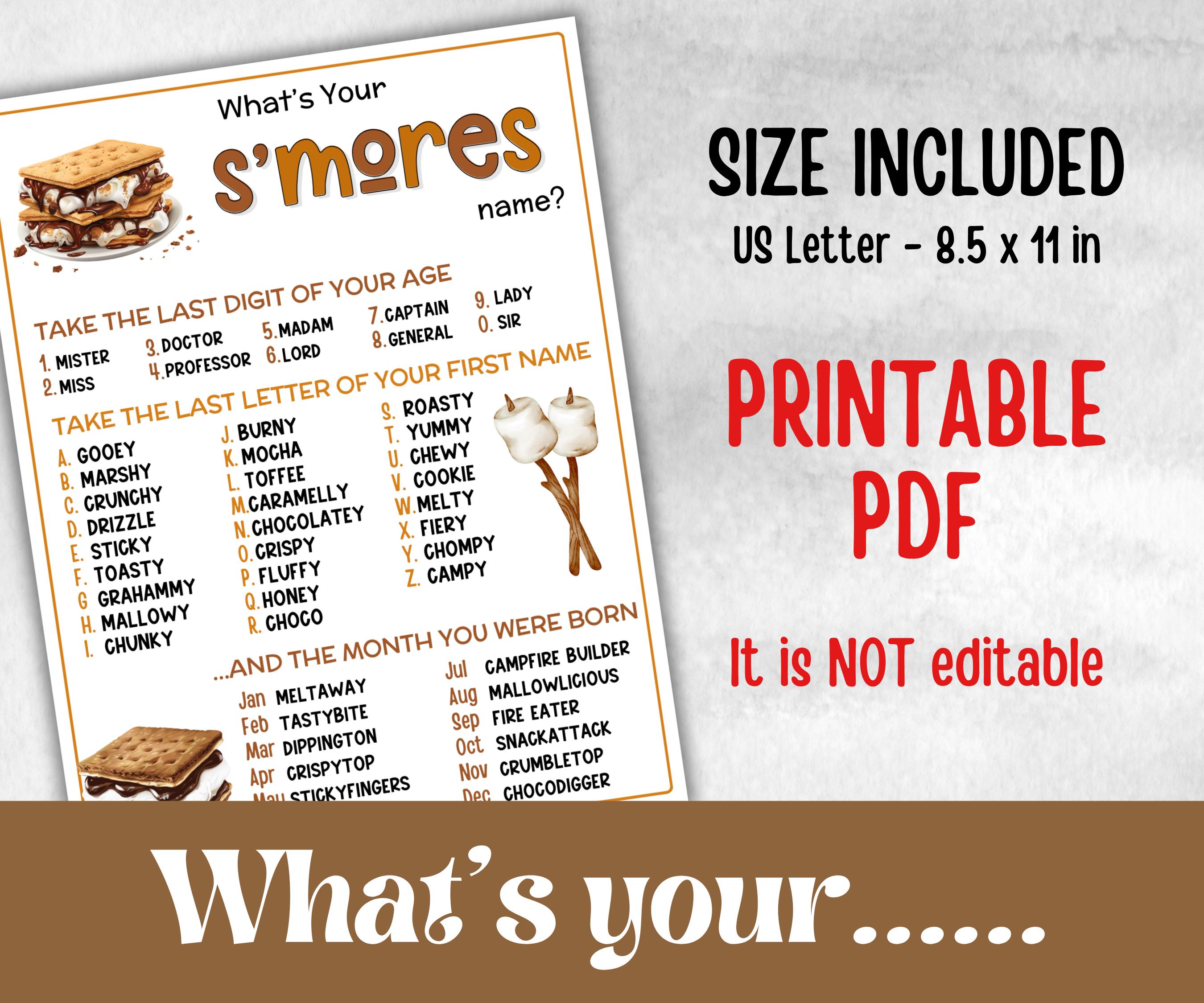 What's your S'more name, Classroom name generator, Printable group party, campground name tag, overnight camper, smore favor bag, nameboard