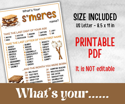 What's your S'more name, Classroom name generator, Printable group party, campground name tag, overnight camper, smore favor bag, nameboard