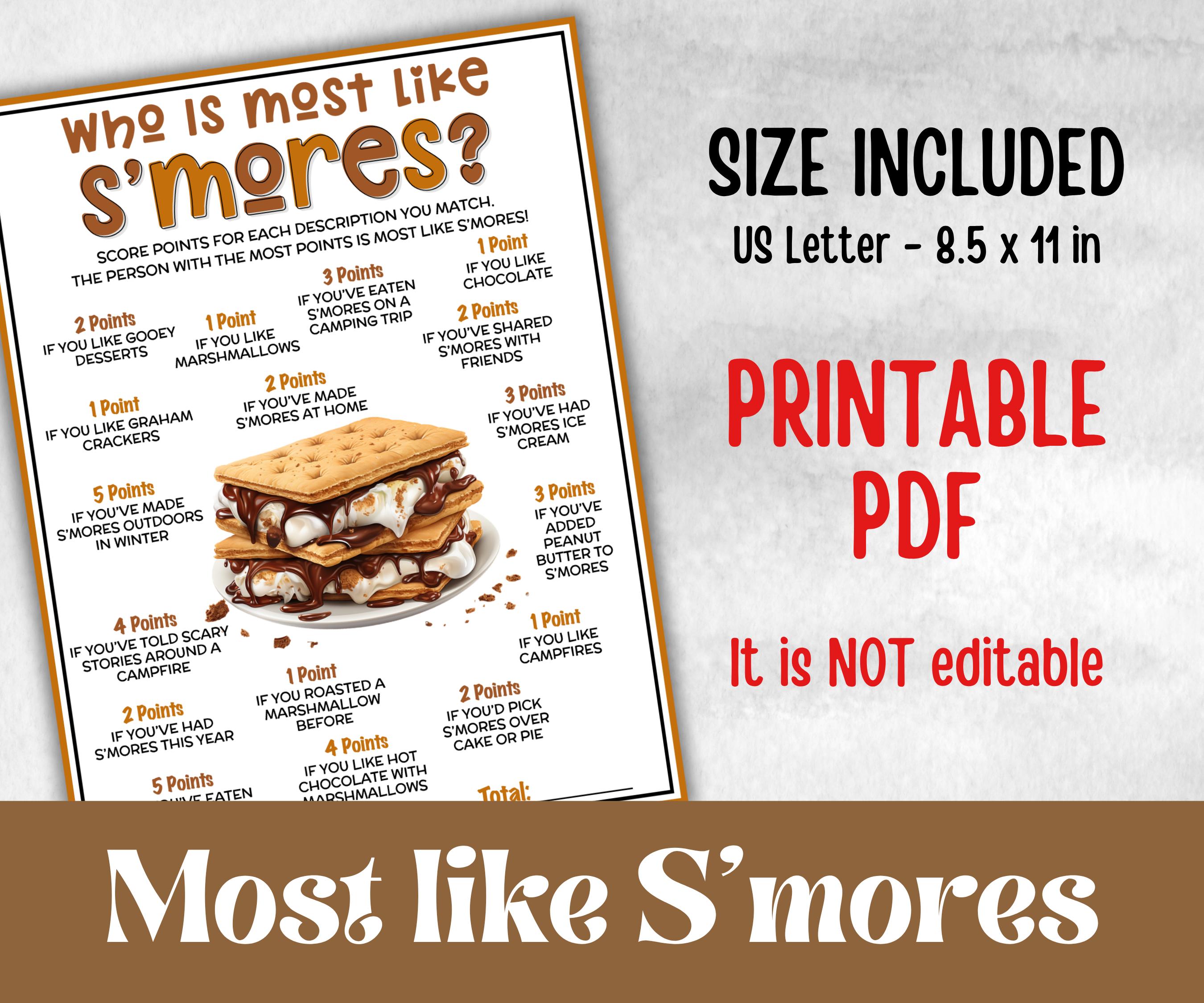 Who is most like S'mores, Kids Classroom, Printable group party, campground, overnight camper, smore favor bag, hiking travel family reunion