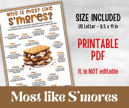 Who is most like S'mores, Kids Classroom, Printable group party, campground, overnight camper, smore favor bag, hiking travel family reunion