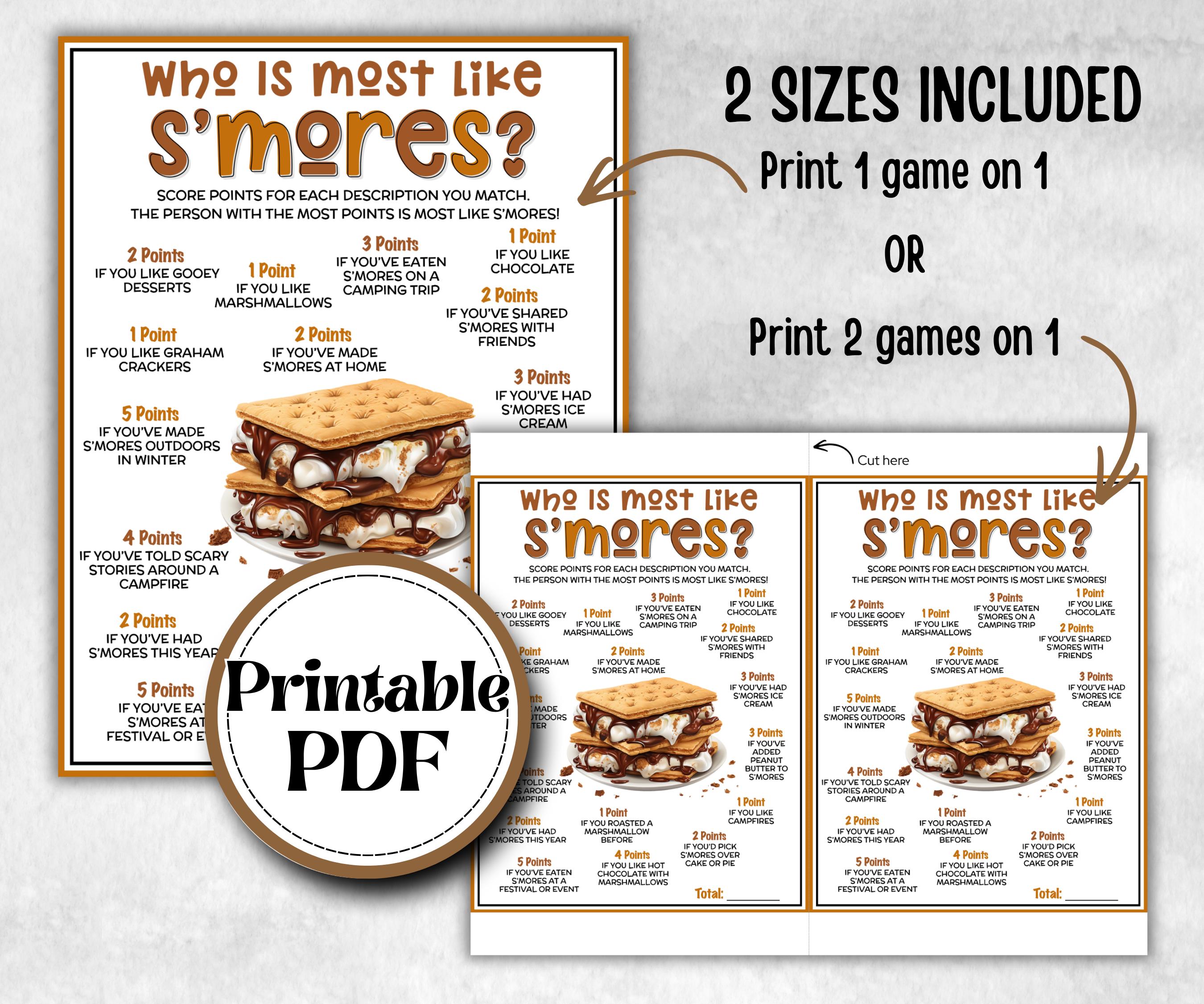 Who is most like S'mores, Kids Classroom, Printable group party, campground, overnight camper, smore favor bag, hiking travel family reunion