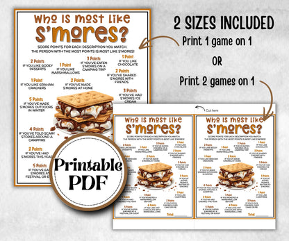 Who is most like S'mores, Kids Classroom, Printable group party, campground, overnight camper, smore favor bag, hiking travel family reunion