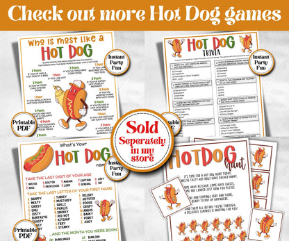 Hot Dog Trivia, Summer Birthday, Summer Camp Games, church mix and mingle, summer BBQ, family reunion party, printable backyard game