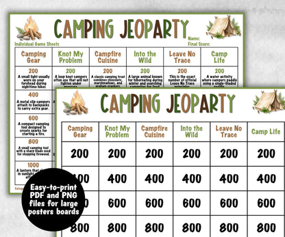 Camping Jeoparty, Trivia game night, office team camping, camping themed birthday, outdoor yard group party, youth group, hiking fun games