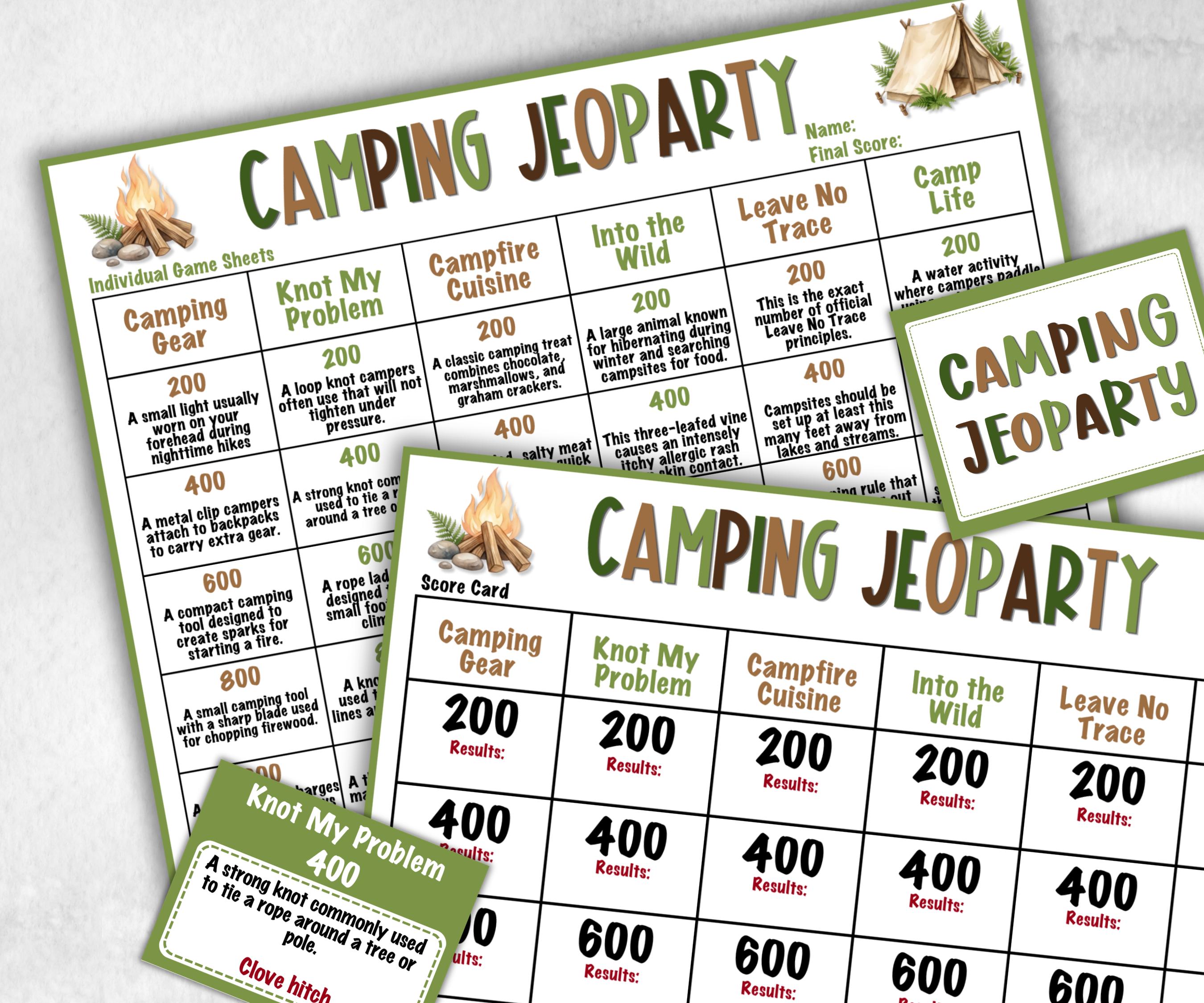 Camping Jeoparty, Trivia game night, office team camping, camping themed birthday, outdoor yard group party, youth group, hiking fun games