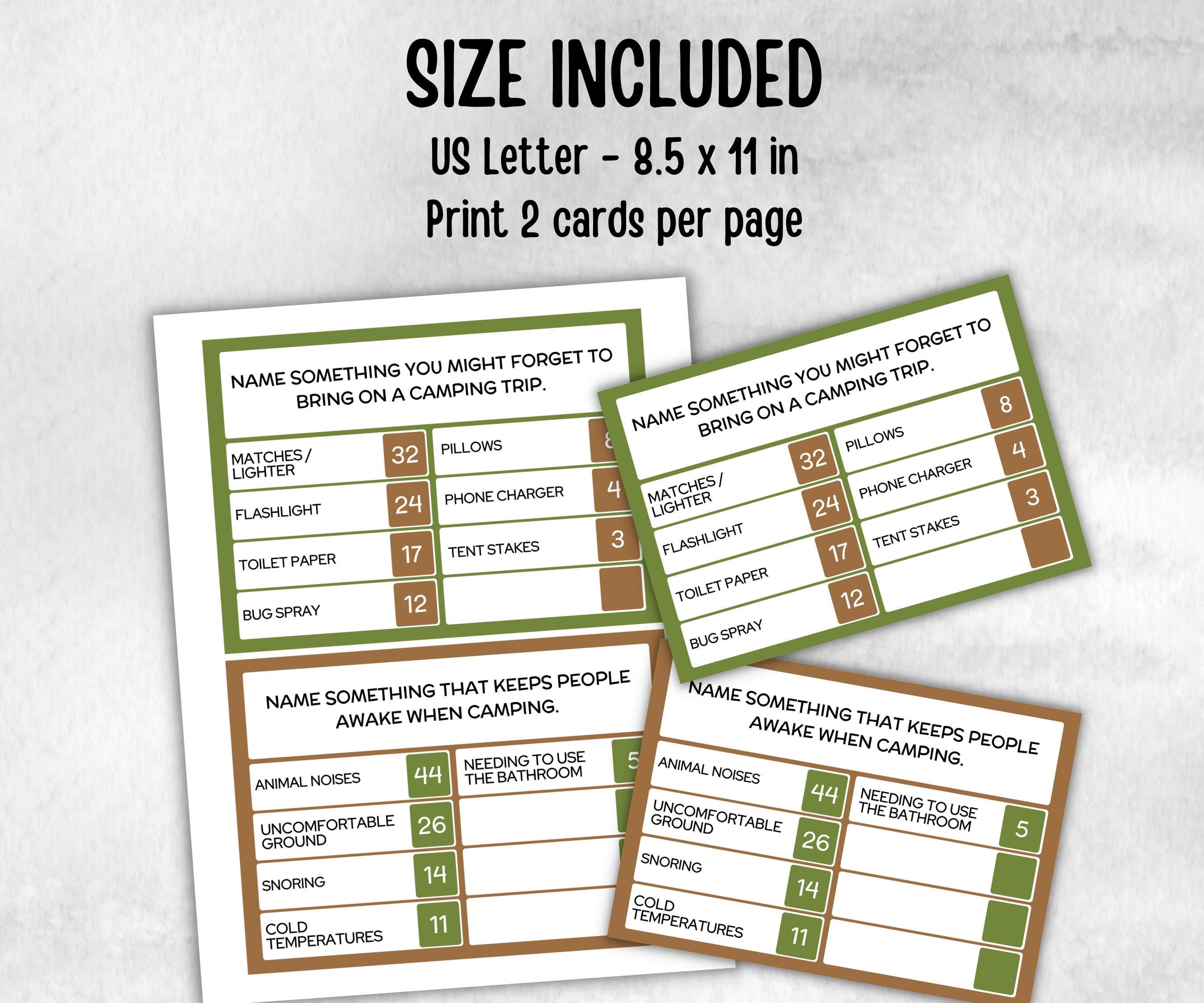 Camping Friendly Feud, Trivia game night, office team camping, camping themed birthday, outdoor yard group party, youth group, hiking fun