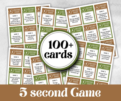 Camping 5 second game, Trivia game night, office team, camping theme birthday, outdoor yard party, youth group, think fast, five sec word