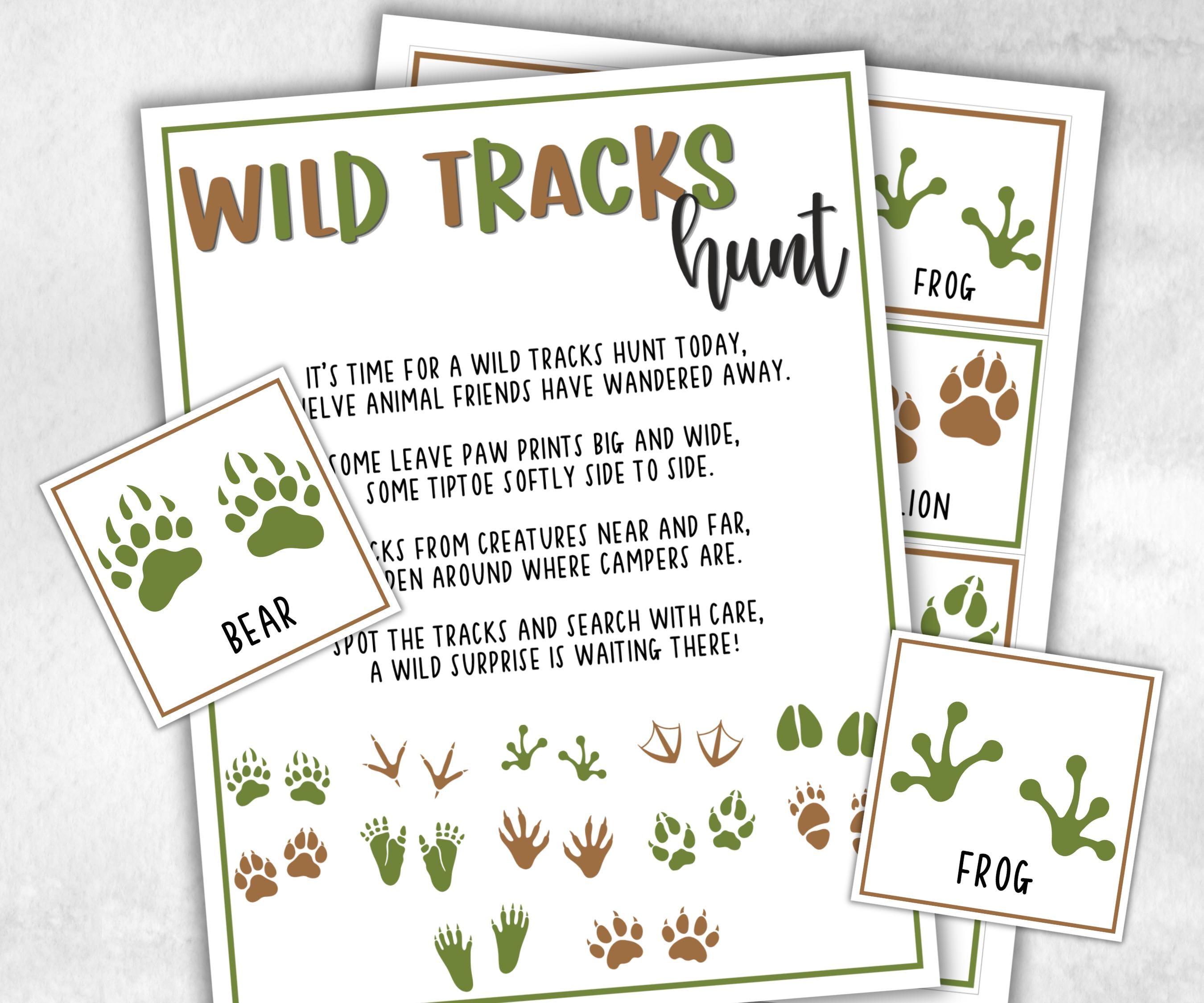 Wild Tracks Scavenger Hunt, fire pit activities, Printable outdoor treasure hunt, backyard bbq, summer campfire, Animal tracks, footprints