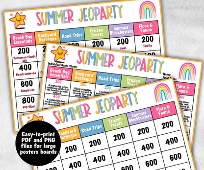 Summer Jeoparty, Family Game Night, Ice breaker, beach party, breakfast, Road Trips, sunday school, pool party BBQ, five seconds quiz