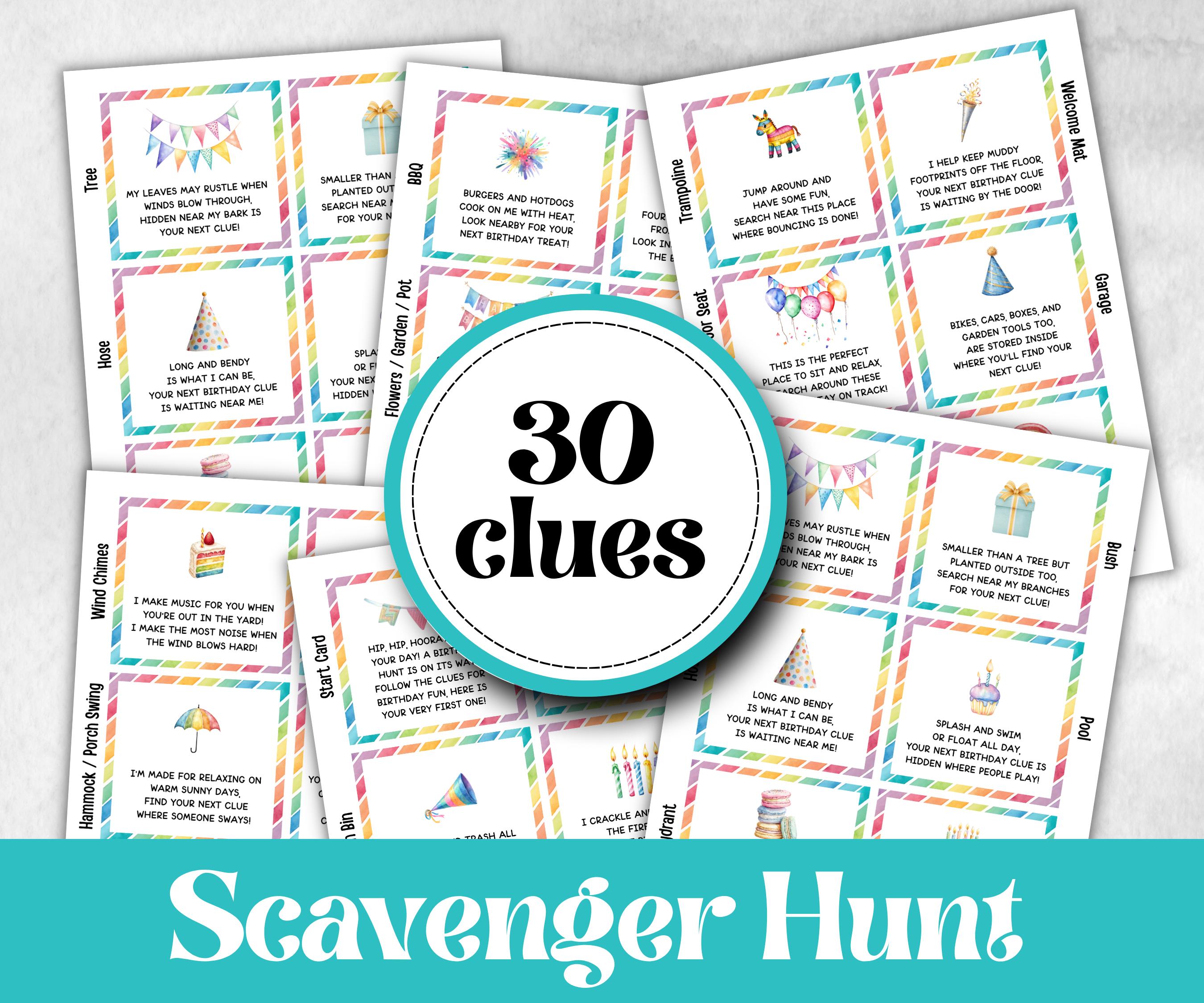 Kids Outdoor Birthday Scavenger Hunt for kids, Boy Girl Birthday, game for older kid, milestone birthday gift, tricky treasure hunt, 30 clue