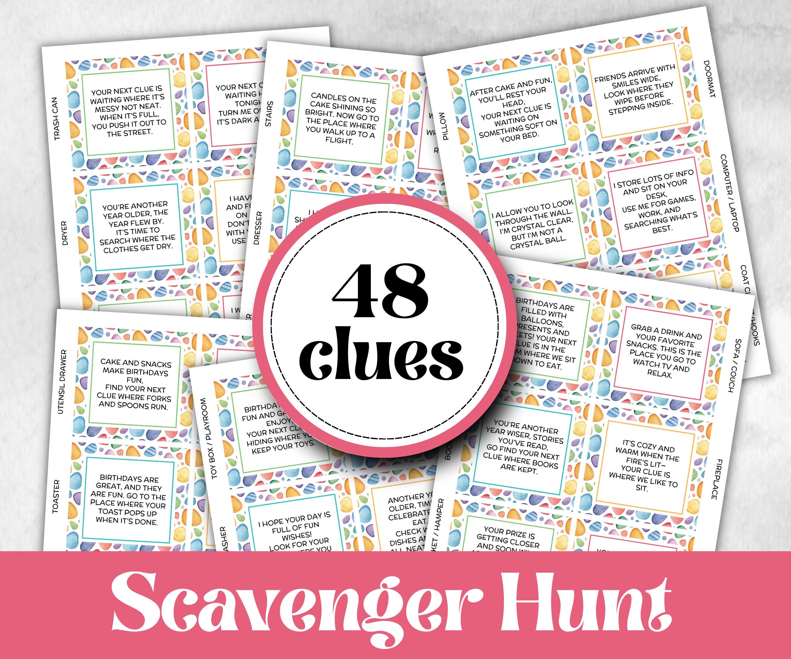 Birthday Scavenger Hunt for Teen Tweens, Boy Girl Birthday, Indoor game for older kid, milestone birthday gift, tricky treasure hunt, 48 Clu
