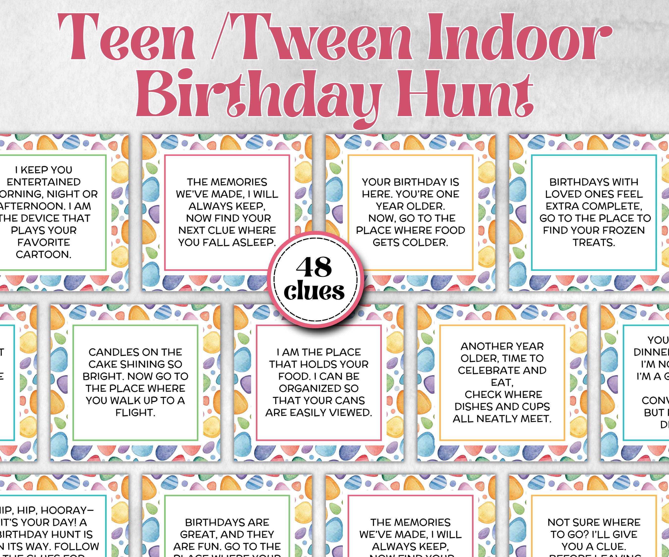 Birthday Scavenger Hunt for Teen Tweens, Boy Girl Birthday, Indoor game for older kid, milestone birthday gift, tricky treasure hunt, 48 Clu