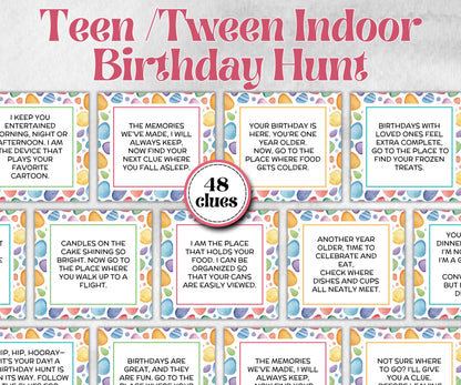 Birthday Scavenger Hunt for Teen Tweens, Boy Girl Birthday, Indoor game for older kid, milestone birthday gift, tricky treasure hunt, 48 Clu