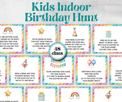 Birthday Indoor Scavenger Hunt for kids, Boy Girl Birthday, game for older kid, milestone birthday gift, tricky treasure hunt, 48 hunt Clues