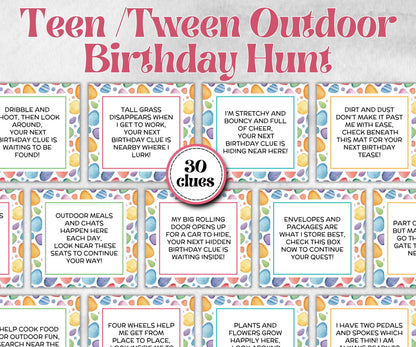 Teen Tween Outdoor Birthday Scavenger Hunt, Boy Girl Birthday, game for older kid, milestone birthday gift, tricky treasure hunt, 30 clues