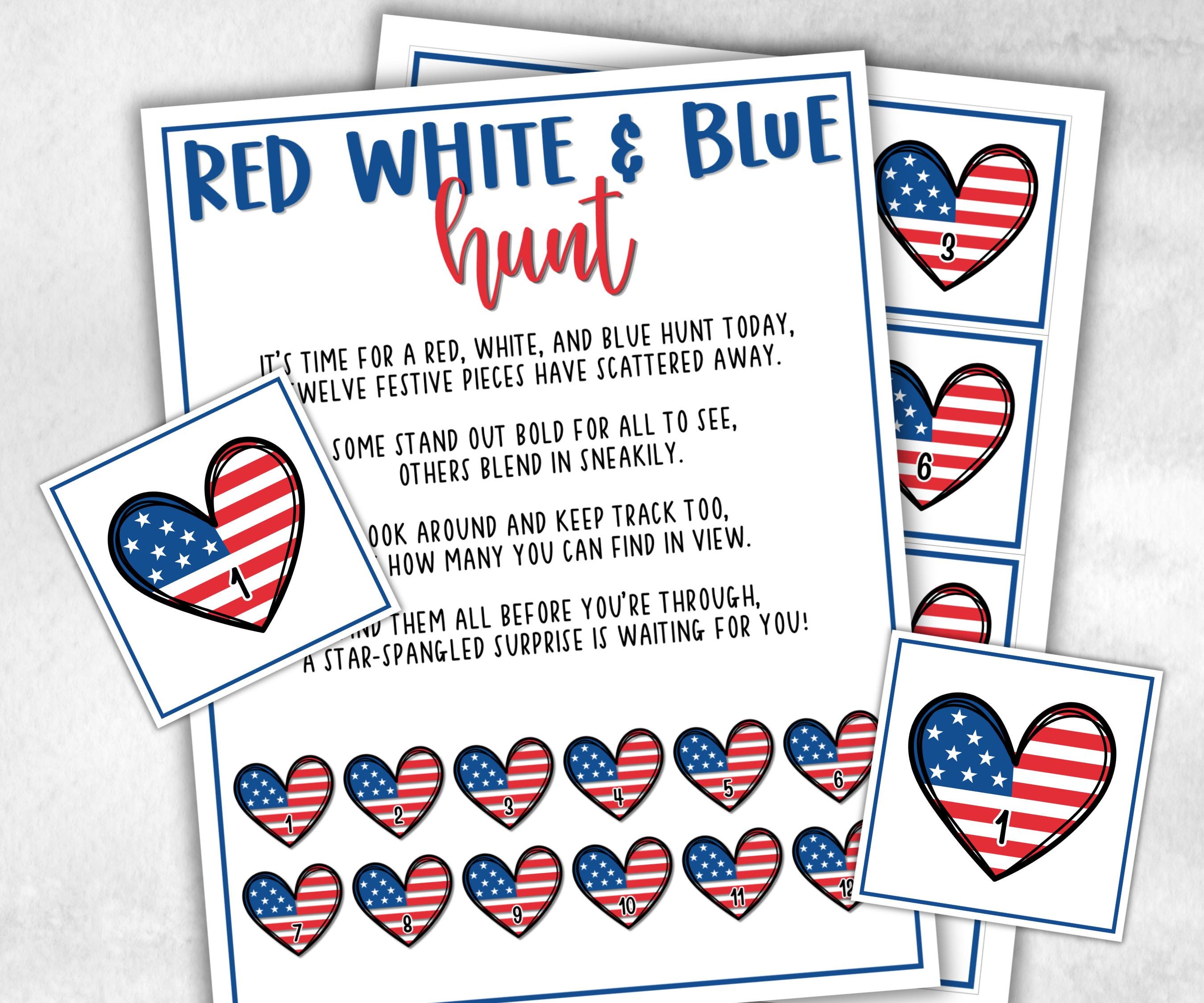 Red White and Blue Hunt for kids, Summer Barbeque reunion, backyard yard hunt, 4th of july, Independence day, school game, Stars Stripes