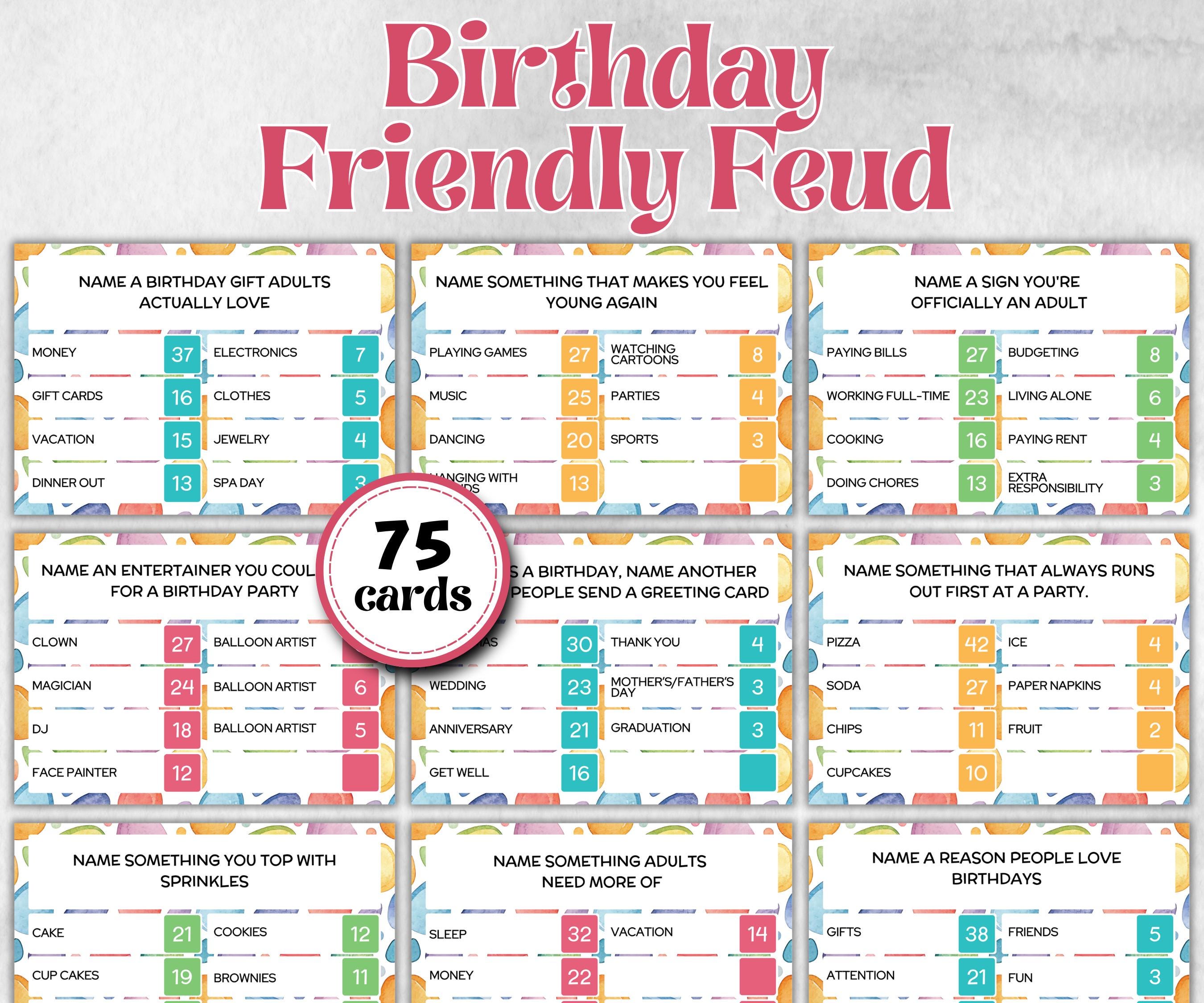 Birthday Friendly Feud Game, for kids and adults, Boy Girl Birthday, milestone birthday, funny party activity, teen tween icebreaker trivia