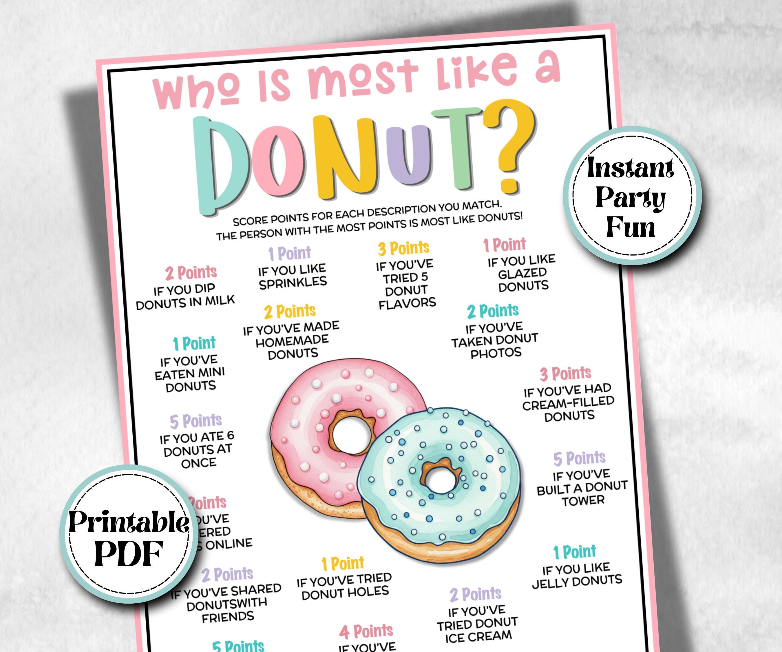 Who is most like a Donut, Sweet and treats, themed birthday, spring yard games, garden party icebreaker ideas, garden tea party, icebreaker