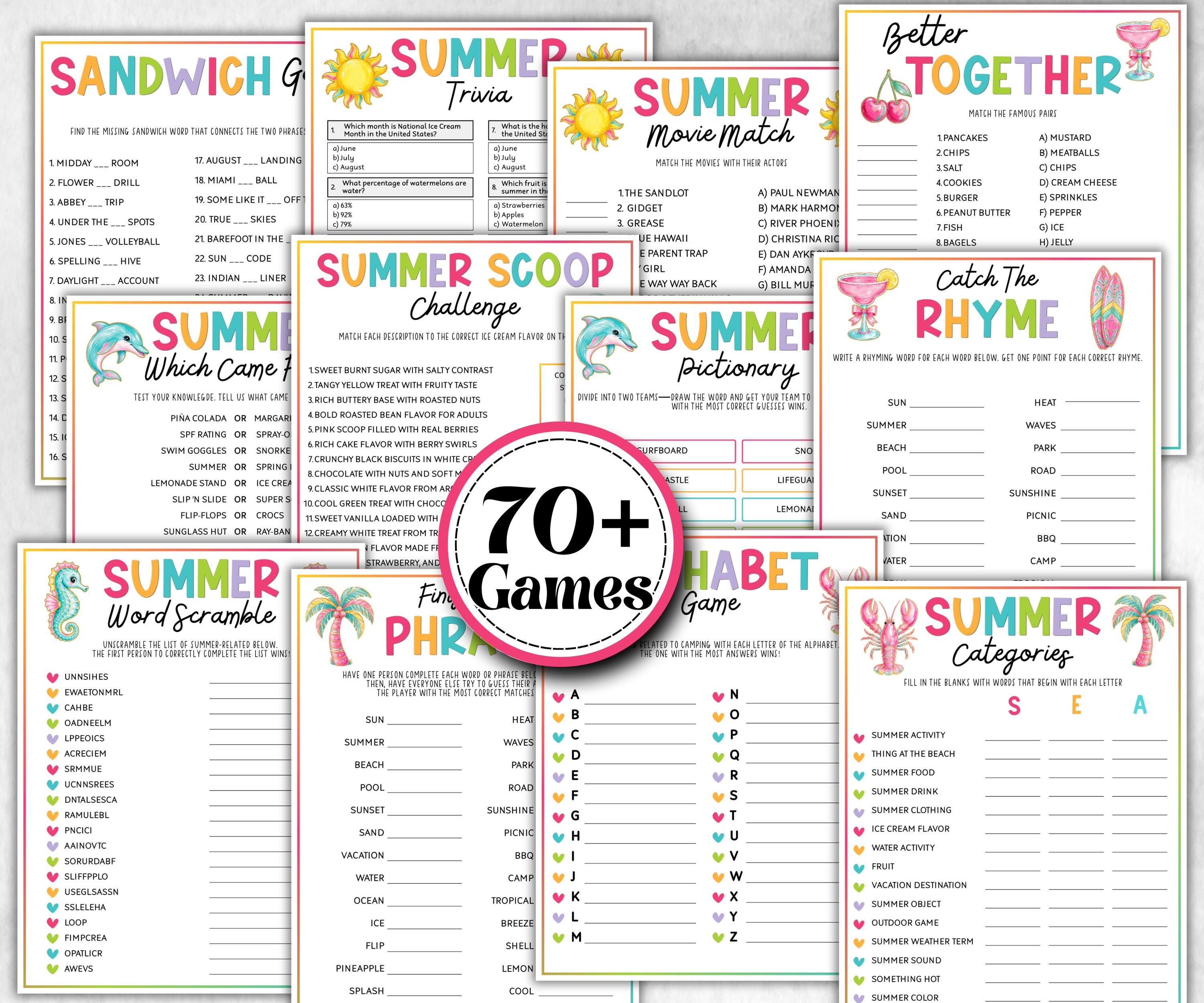 Summer Games Bundle, Family Game Night, Ice breaker, beach party, breakfast, Road Trips, pool party BBQ, Would you rather, kids teens tweens