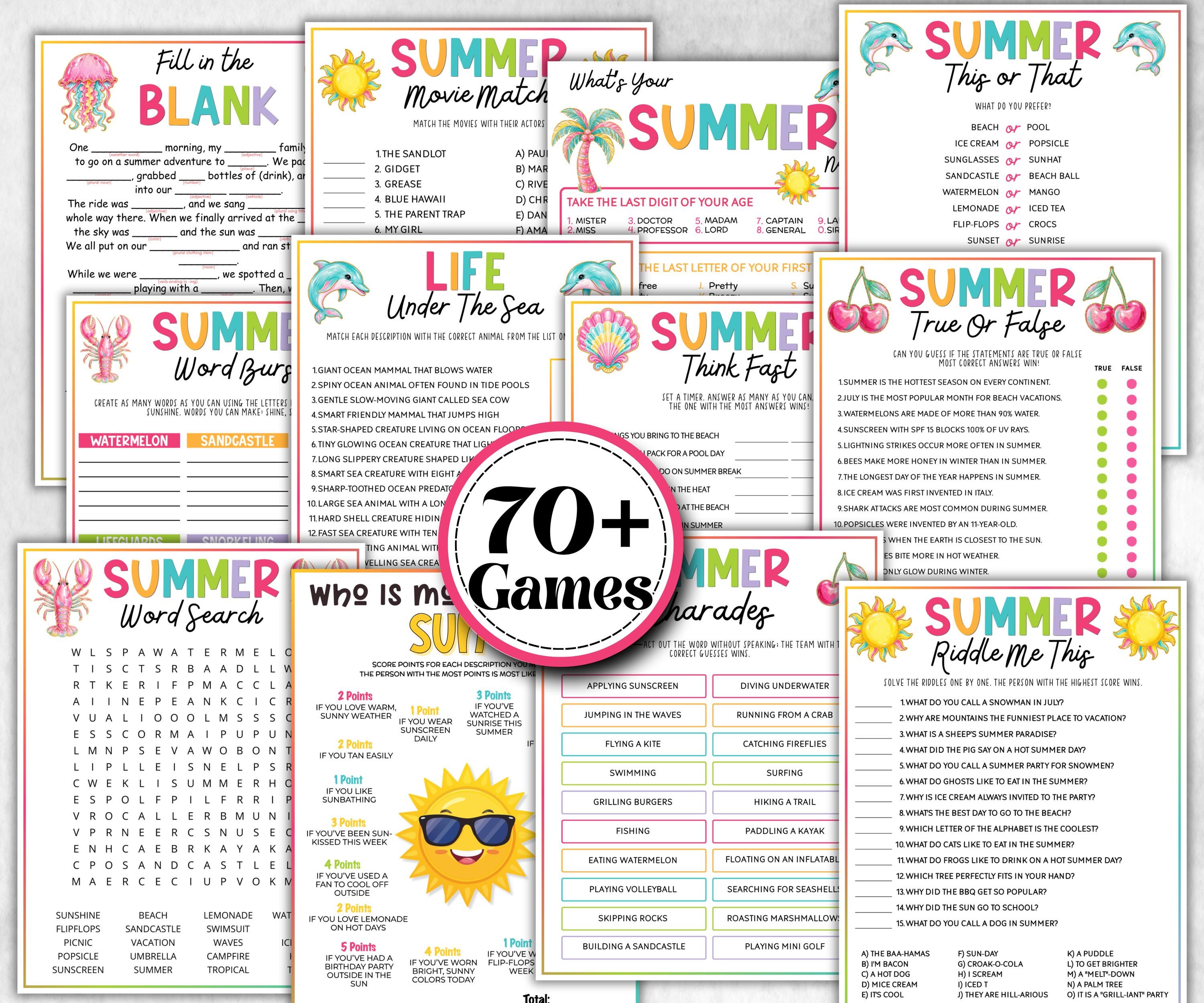 Summer Games Bundle, Family Game Night, Ice breaker, beach party, breakfast, Road Trips, pool party BBQ, Would you rather, kids teens tweens