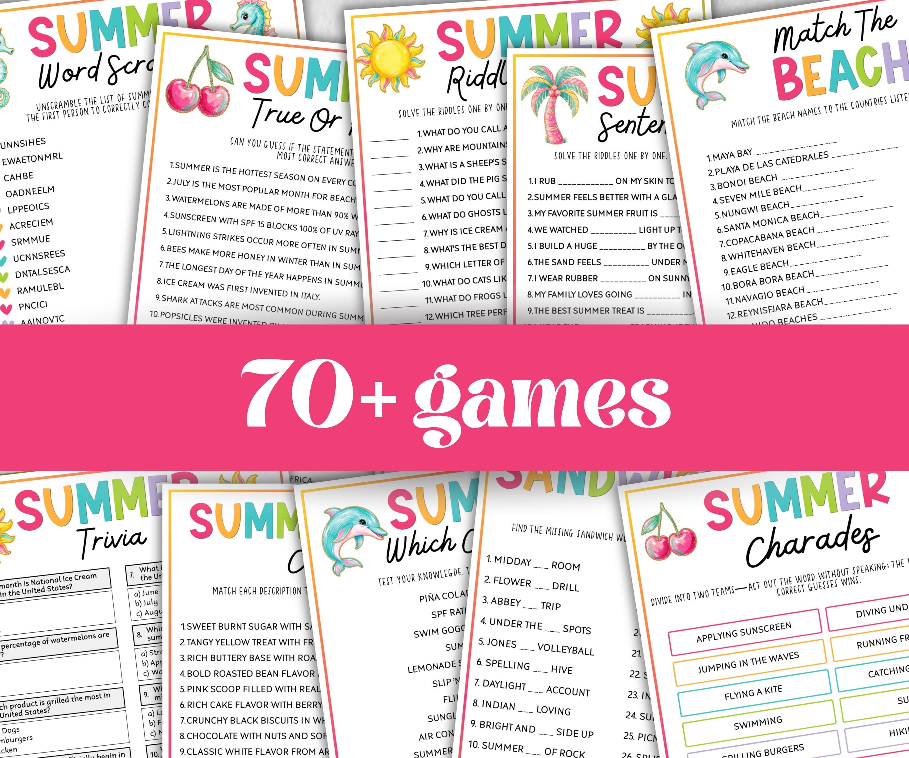 Summer Games Bundle, Family Game Night, Ice breaker, beach party, breakfast, Road Trips, pool party BBQ, Would you rather, kids teens tweens