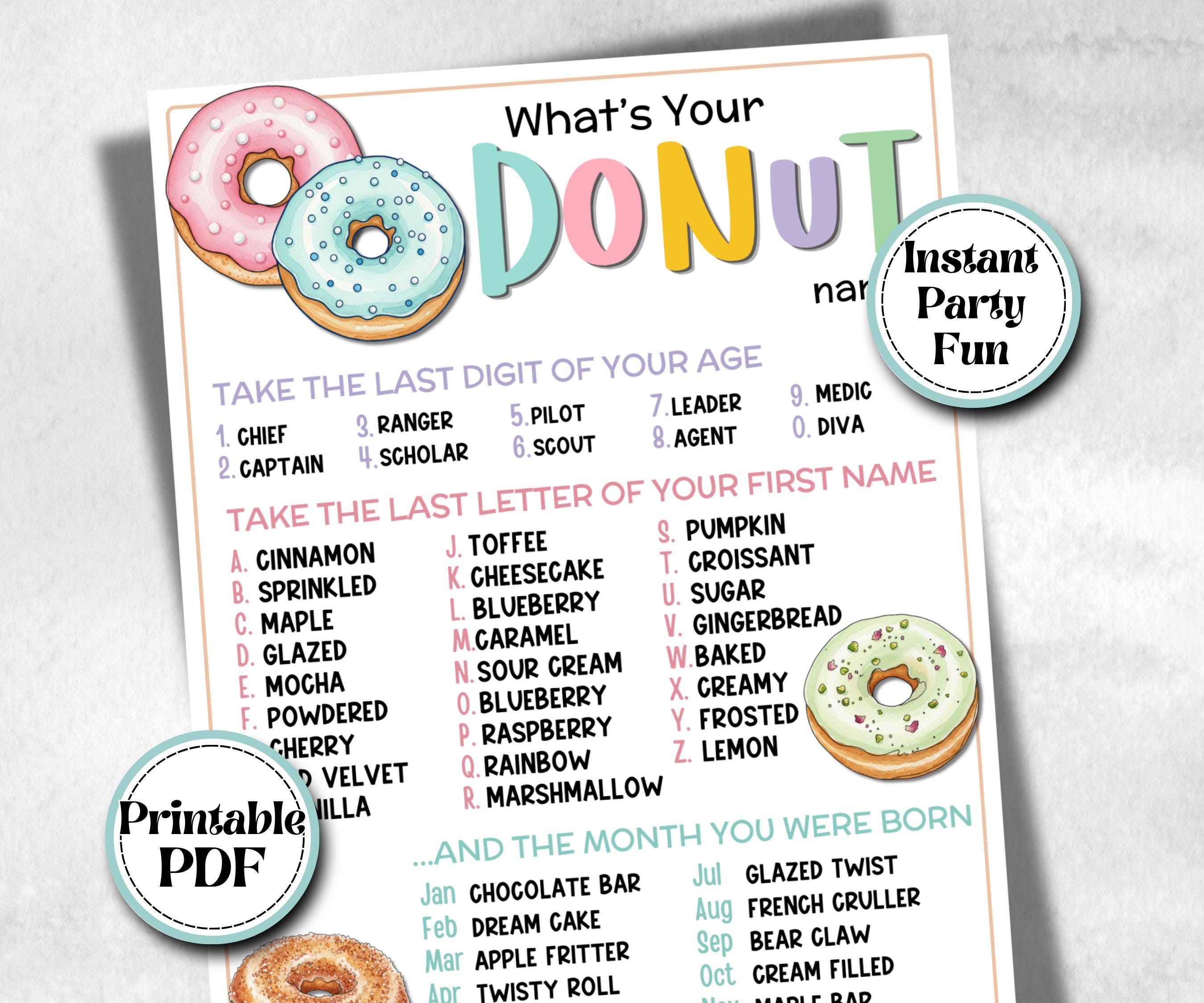Whats your Donut name game, with name tags, Sweet and treat, themed birthday, family reunion party, classroom activities, spring summer game
