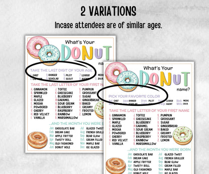 Whats your Donut name game, with name tags, Sweet and treat, themed birthday, family reunion party, classroom activities, spring summer game