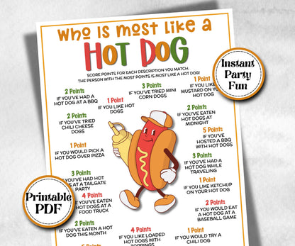 Who is most like a hot dog, name generator, fourth of july, church mix and mingle, summer BBQ, family reunion party, printable backyard game