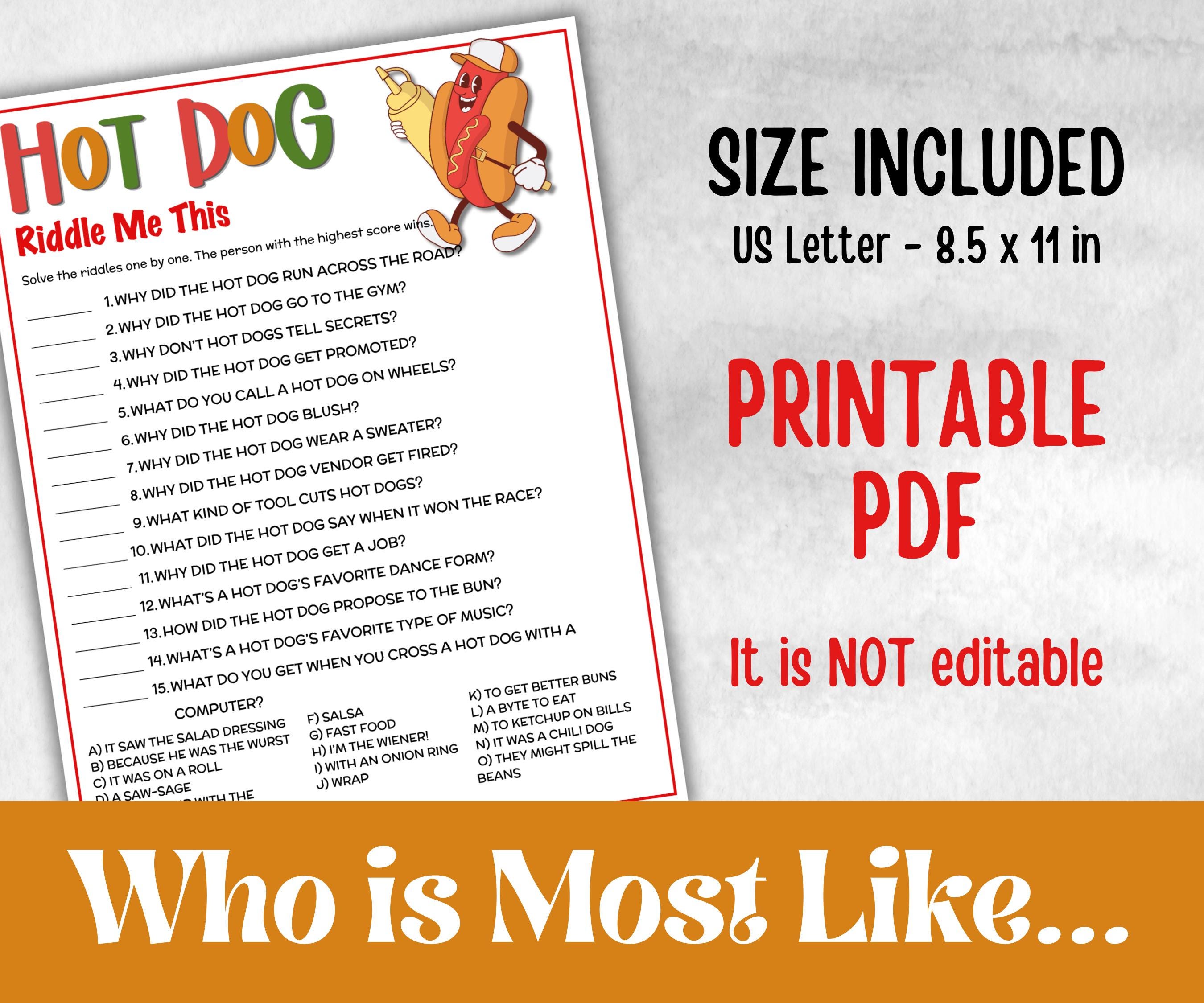 Hot Dog Riddles Jokes, Summer Birthday, Summer Camp Games, church mix and mingle, summer BBQ, family reunion party, printable backyard game