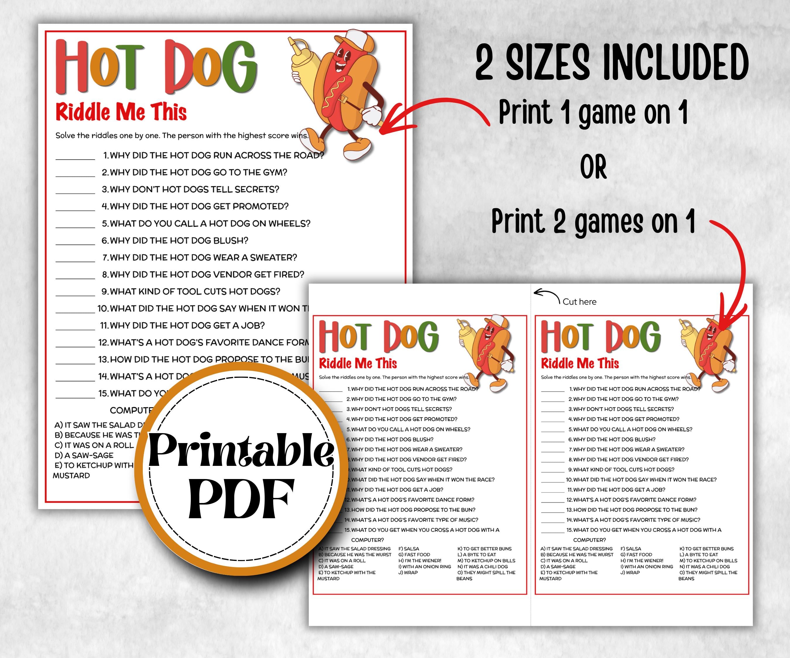 Hot Dog Riddles Jokes, Summer Birthday, Summer Camp Games, church mix and mingle, summer BBQ, family reunion party, printable backyard game