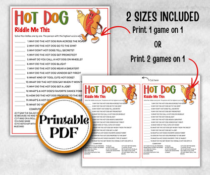 Hot Dog Riddles Jokes, Summer Birthday, Summer Camp Games, church mix and mingle, summer BBQ, family reunion party, printable backyard game