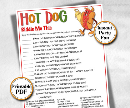 Hot Dog Riddles Jokes, Summer Birthday, Summer Camp Games, church mix and mingle, summer BBQ, family reunion party, printable backyard game
