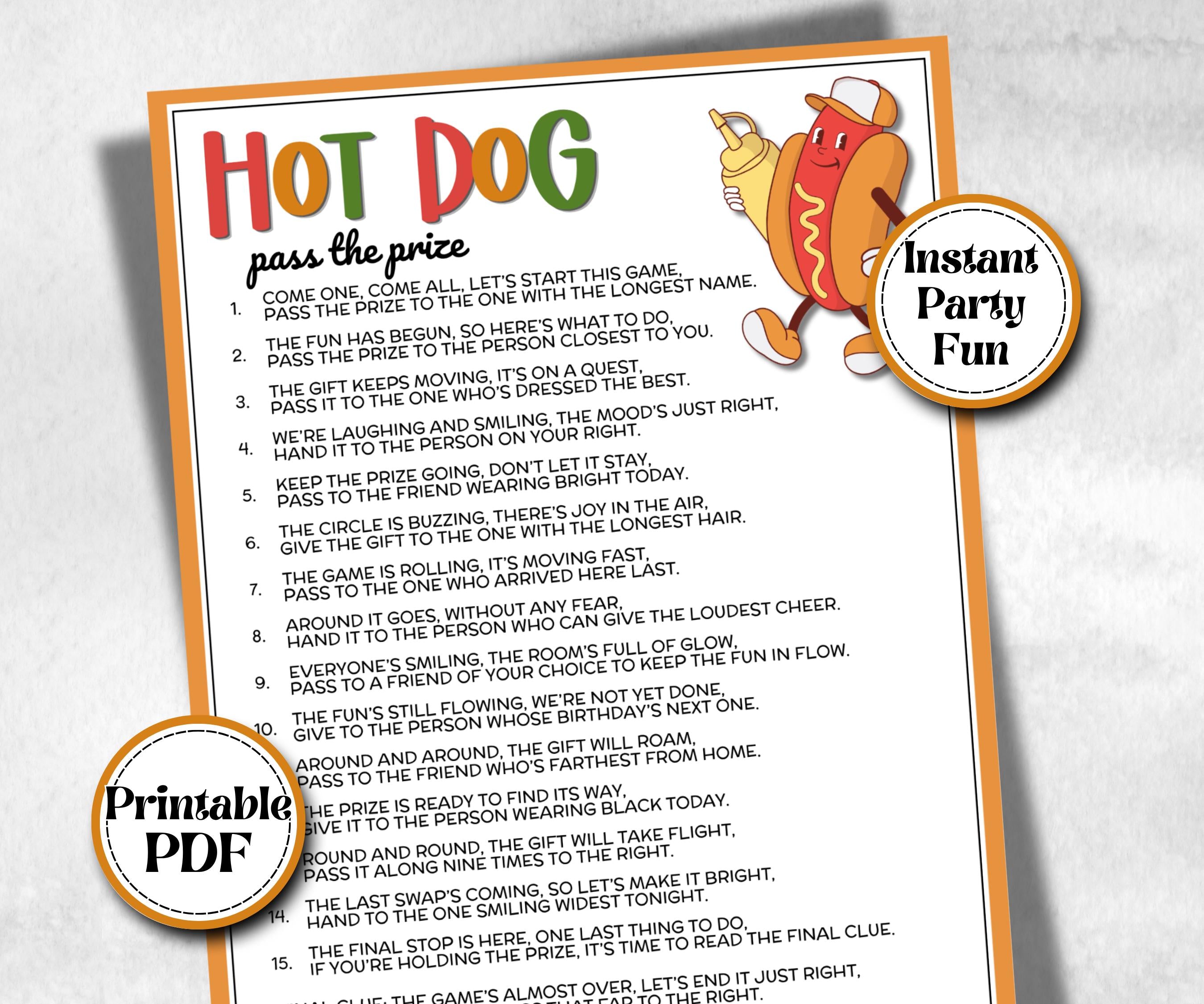 Hot Dog Pass The Prize, grilling wienerroast, printable bratwurst, bbq fundraiser, fast food party, family reunion, baby shower activity fun