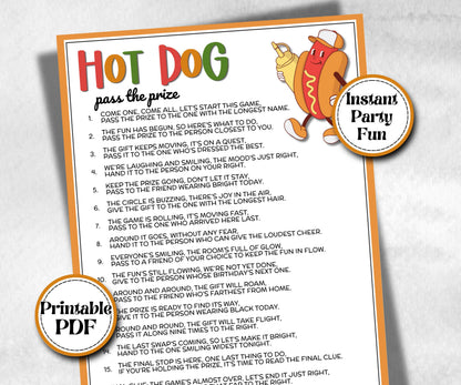 Hot Dog Pass The Prize, grilling wienerroast, printable bratwurst, bbq fundraiser, fast food party, family reunion, baby shower activity fun
