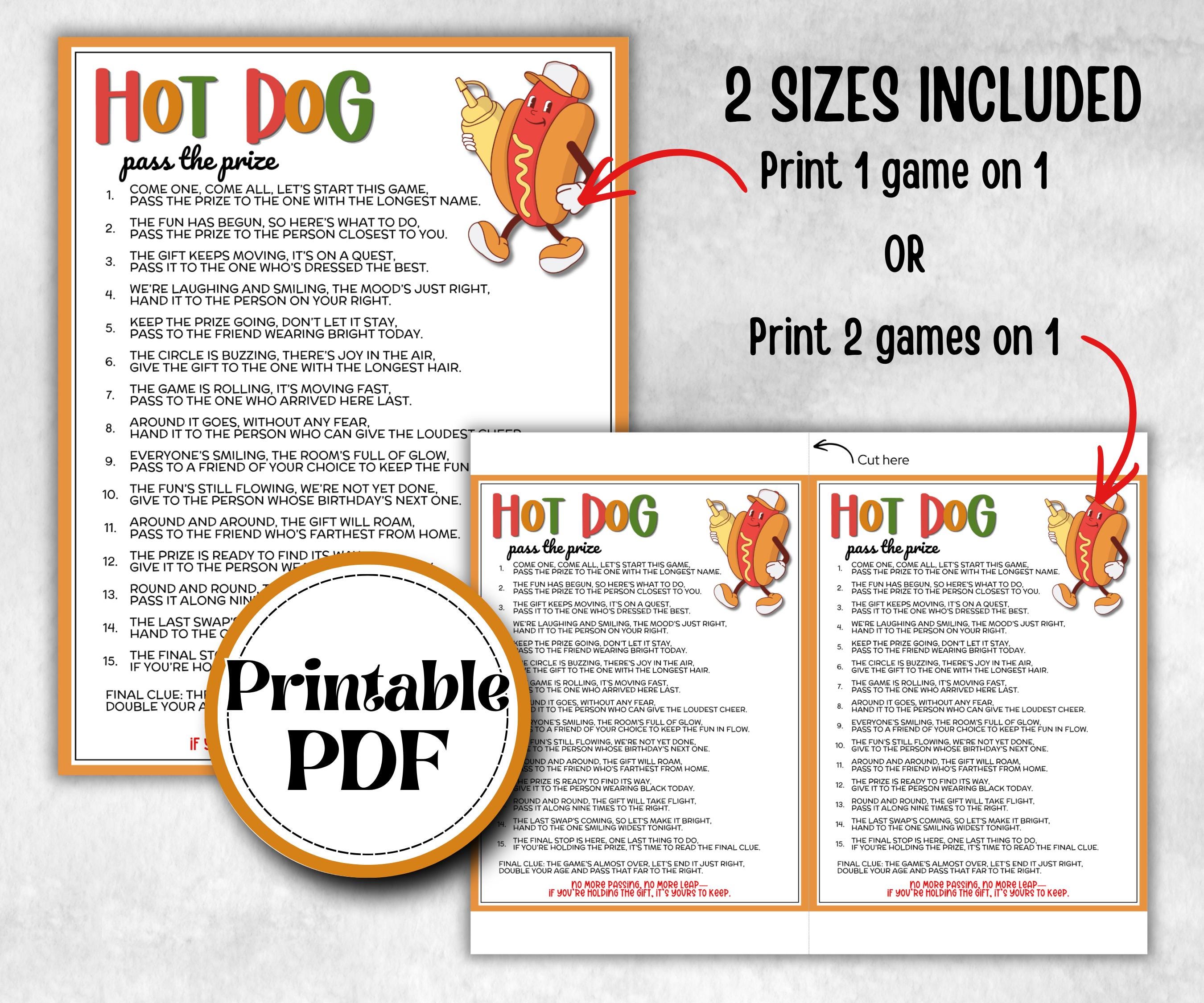 Hot Dog Pass The Prize, grilling wienerroast, printable bratwurst, bbq fundraiser, fast food party, family reunion, baby shower activity fun