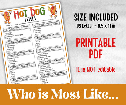 Hot Dog Trivia, Summer Birthday, Summer Camp Games, church mix and mingle, summer BBQ, family reunion party, printable backyard game