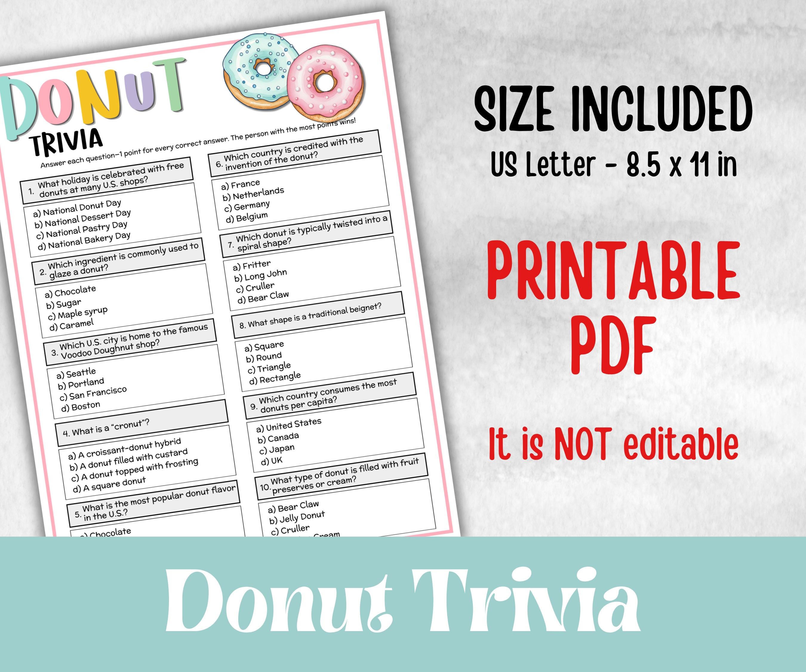Donut Trivia, Sweet and treats, printable spring yard puzzle, garden tea party, Doughnut Bar, office event, pancake, Brunch Party Ideas